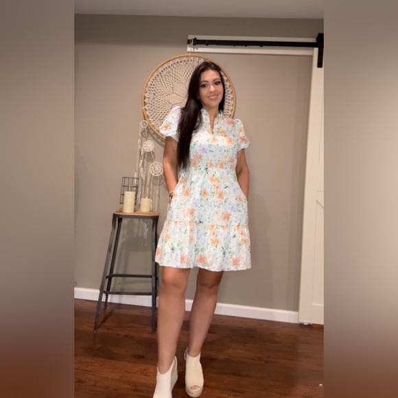 Beige Floral Print Shirred High Waist Puff Sleeve Mini Dress - Picture 1 of 9